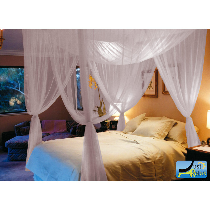 Just Relax Four Corner Post Elegant Mosquito Net Bed Canopy Set White Full Queen King